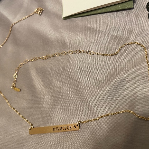 Custom 14k Gold "Serra" Bar Necklace - "INVICTUS" with blackbird - Picture 10 of 15